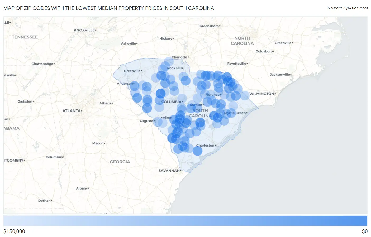 Zip Codes with the Lowest Median Property Prices in South Carolina Map