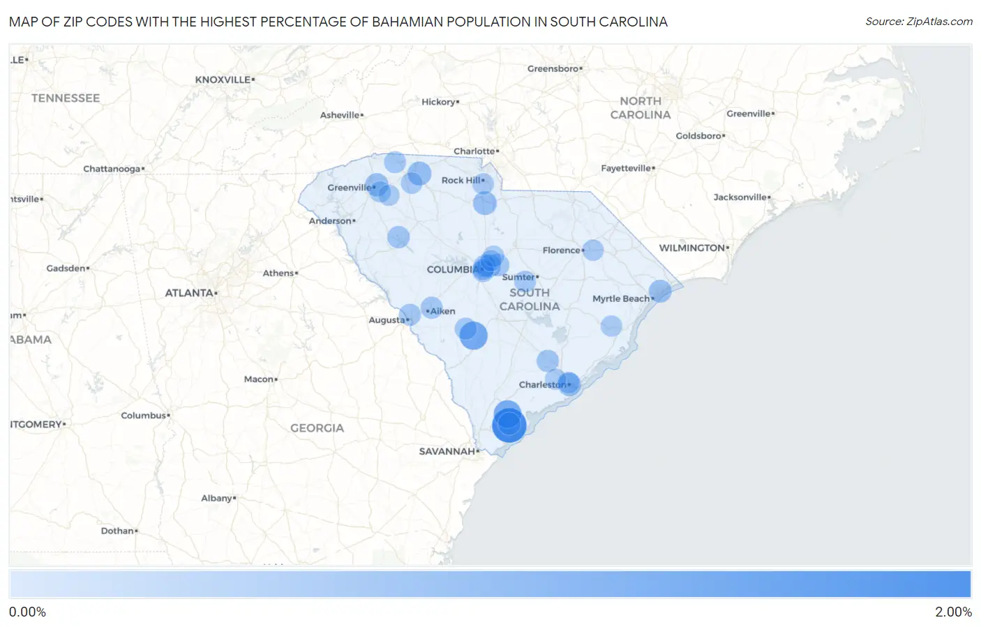 Zip Codes with the Highest Percentage of Bahamian Population in South Carolina Map