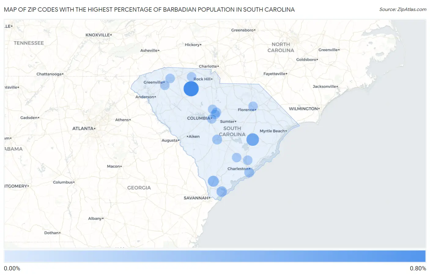 Zip Codes with the Highest Percentage of Barbadian Population in South Carolina Map