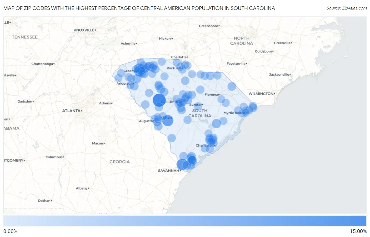 Zip Codes with the Highest Percentage of Central American Population in South Carolina Map