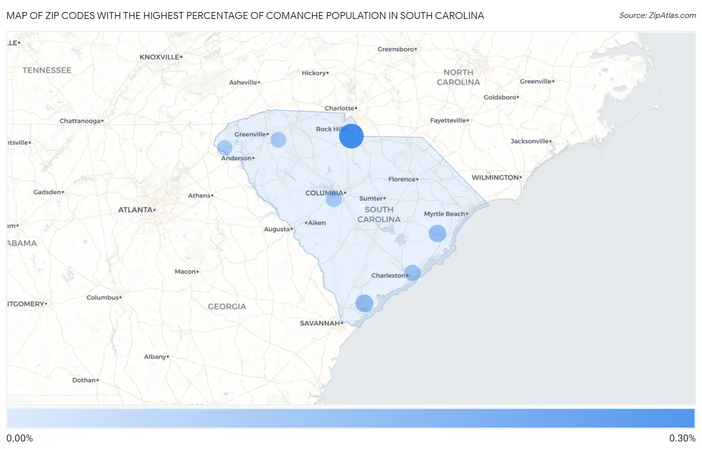 Zip Codes with the Highest Percentage of Comanche Population in South Carolina Map
