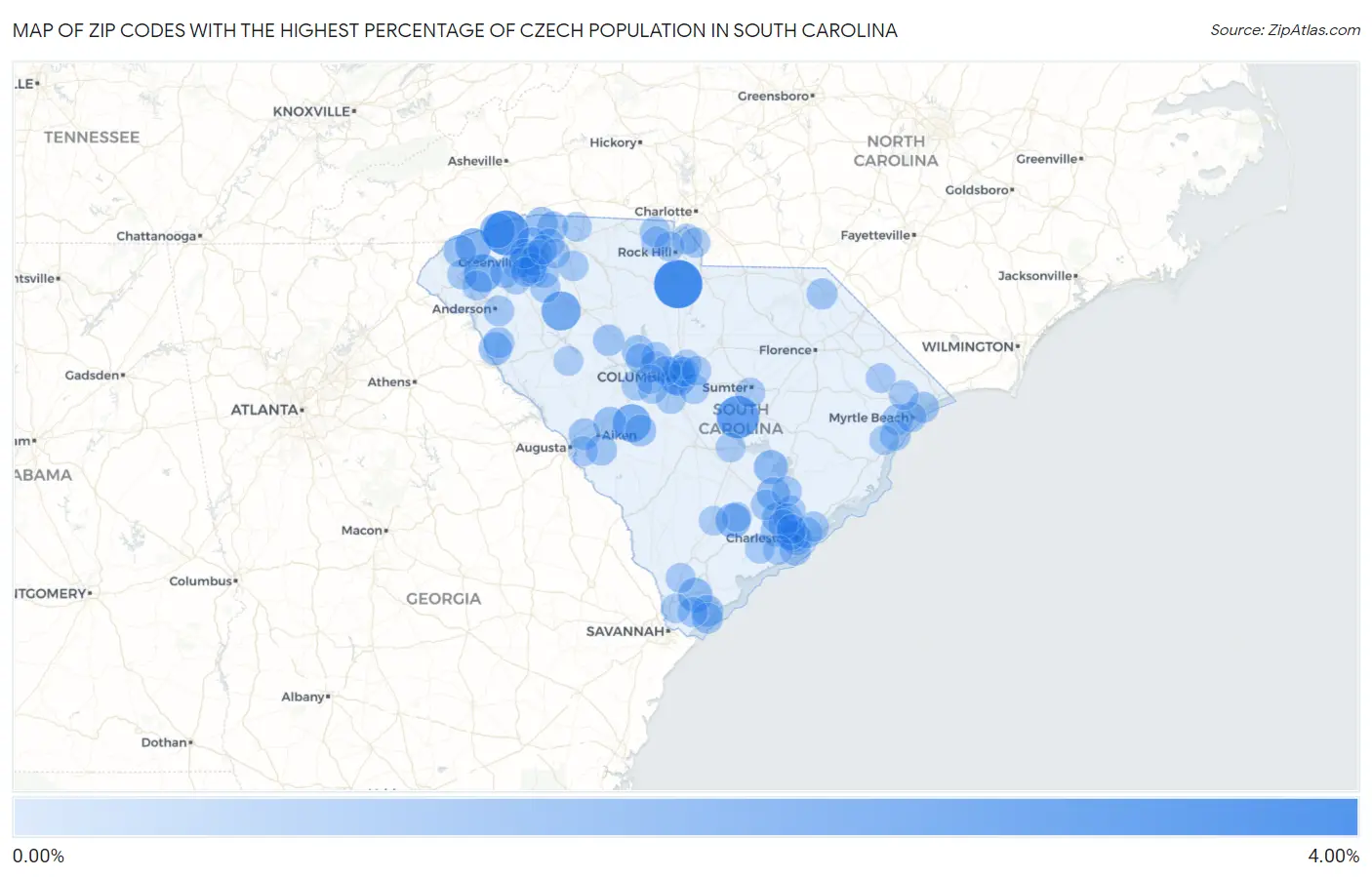 Zip Codes with the Highest Percentage of Czech Population in South Carolina Map