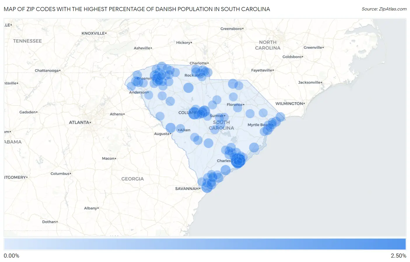 Zip Codes with the Highest Percentage of Danish Population in South Carolina Map