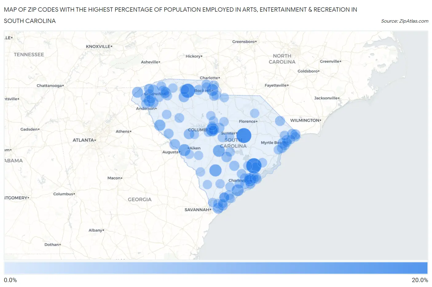 Zip Codes with the Highest Percentage of Population Employed in Arts, Entertainment & Recreation in South Carolina Map