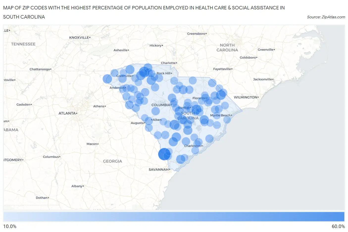 Zip Codes with the Highest Percentage of Population Employed in Health Care & Social Assistance in South Carolina Map