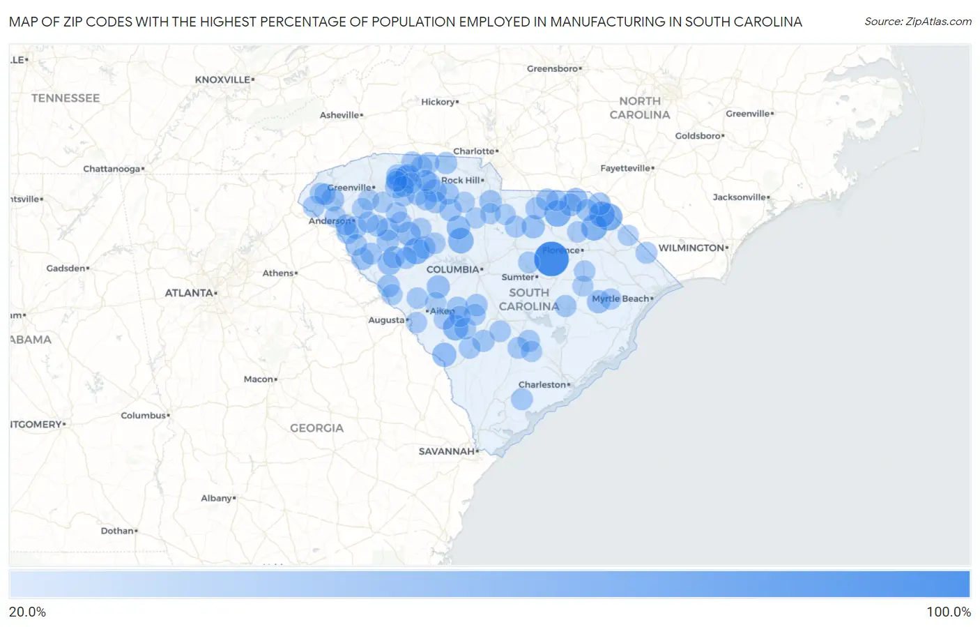 Zip Codes with the Highest Percentage of Population Employed in Manufacturing in South Carolina Map