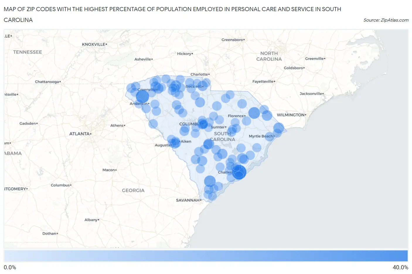 Zip Codes with the Highest Percentage of Population Employed in Personal Care and Service in South Carolina Map