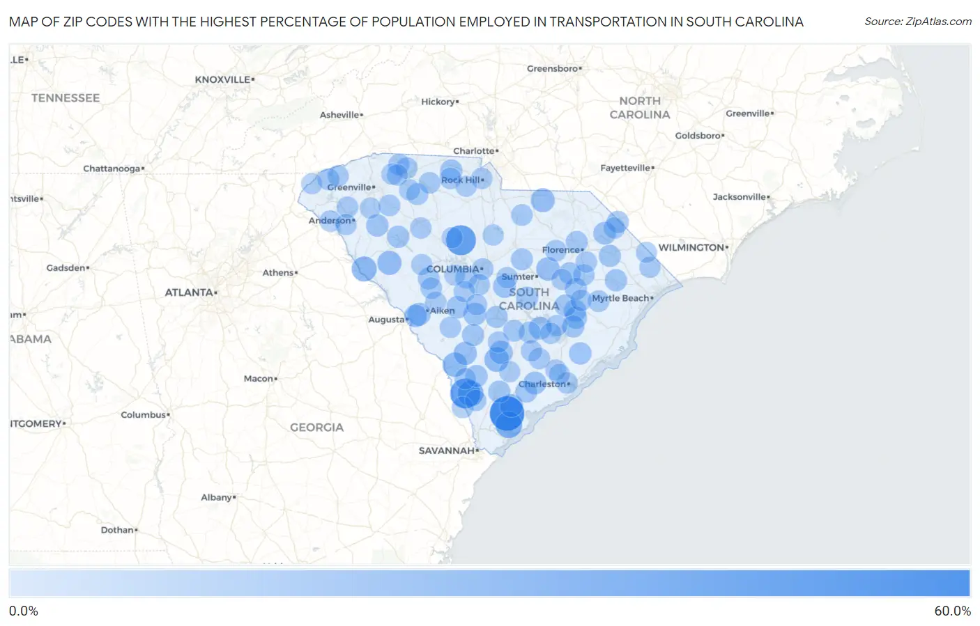 Zip Codes with the Highest Percentage of Population Employed in Transportation in South Carolina Map