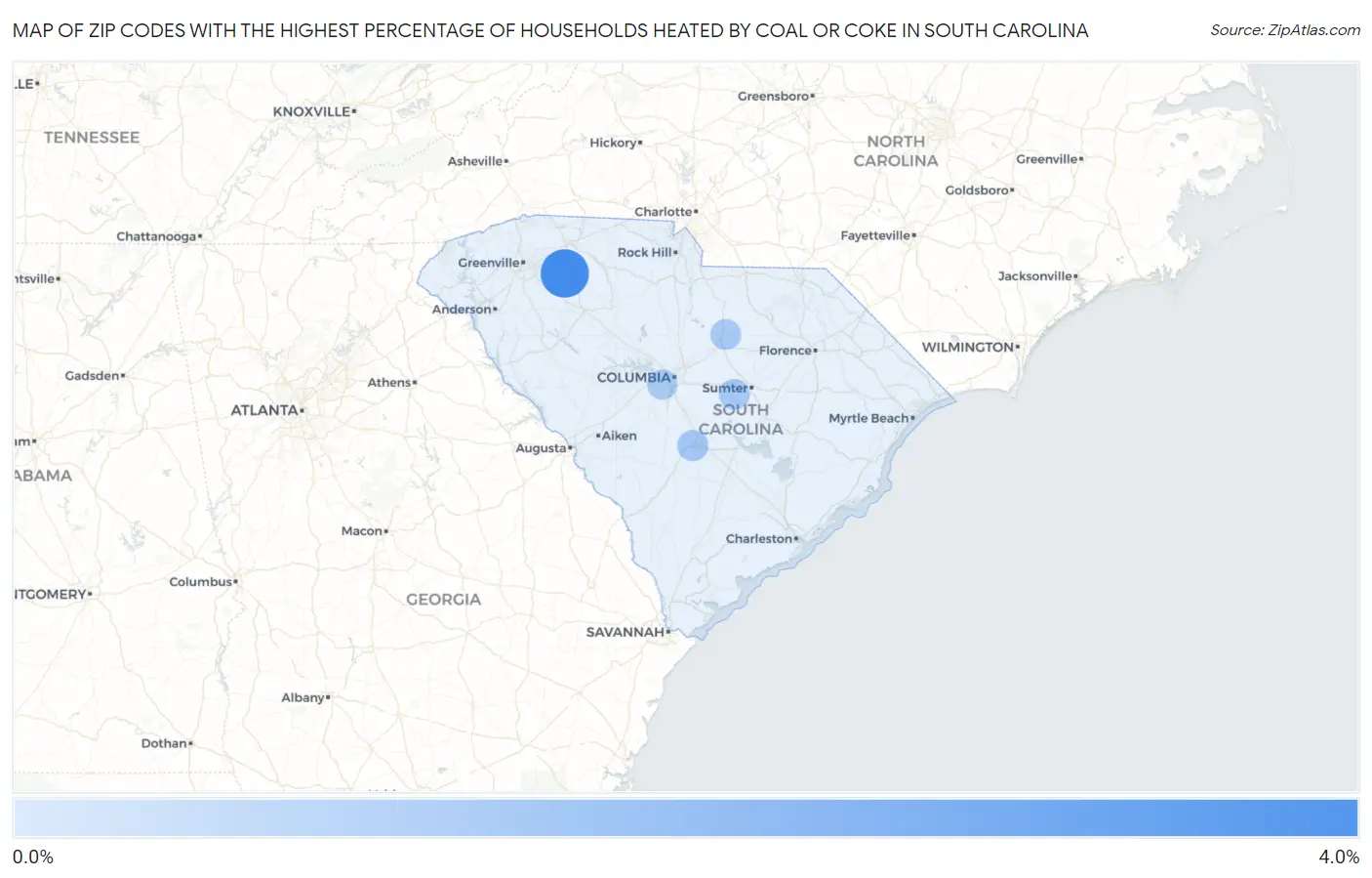 Zip Codes with the Highest Percentage of Households Heated by Coal or Coke in South Carolina Map