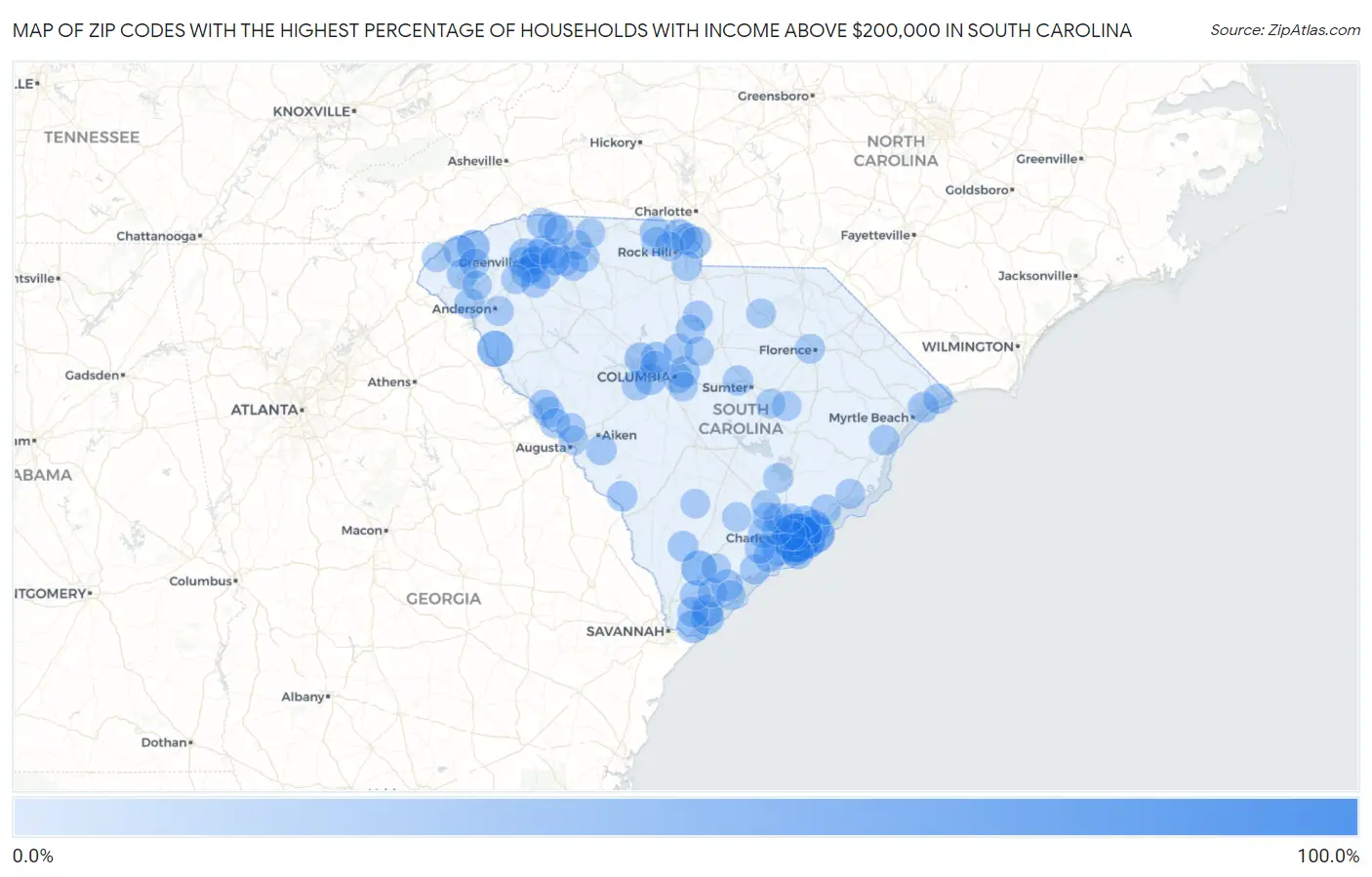 Zip Codes with the Highest Percentage of Households with Income Above $200,000 in South Carolina Map
