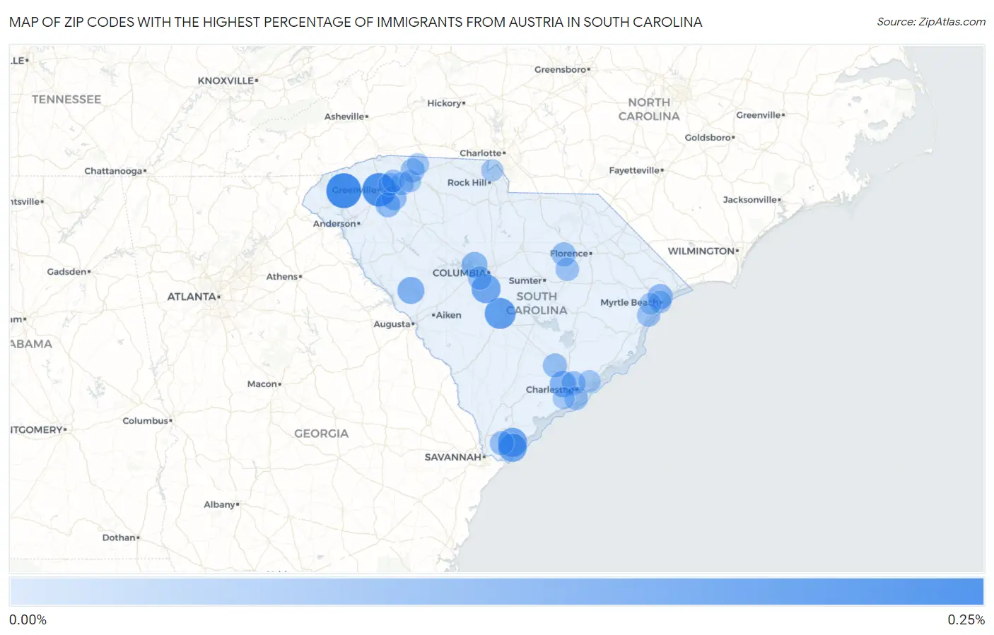 Zip Codes with the Highest Percentage of Immigrants from Austria in South Carolina Map