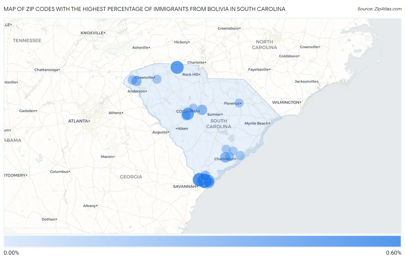 Zip Codes with the Highest Percentage of Immigrants from Bolivia in South Carolina Map