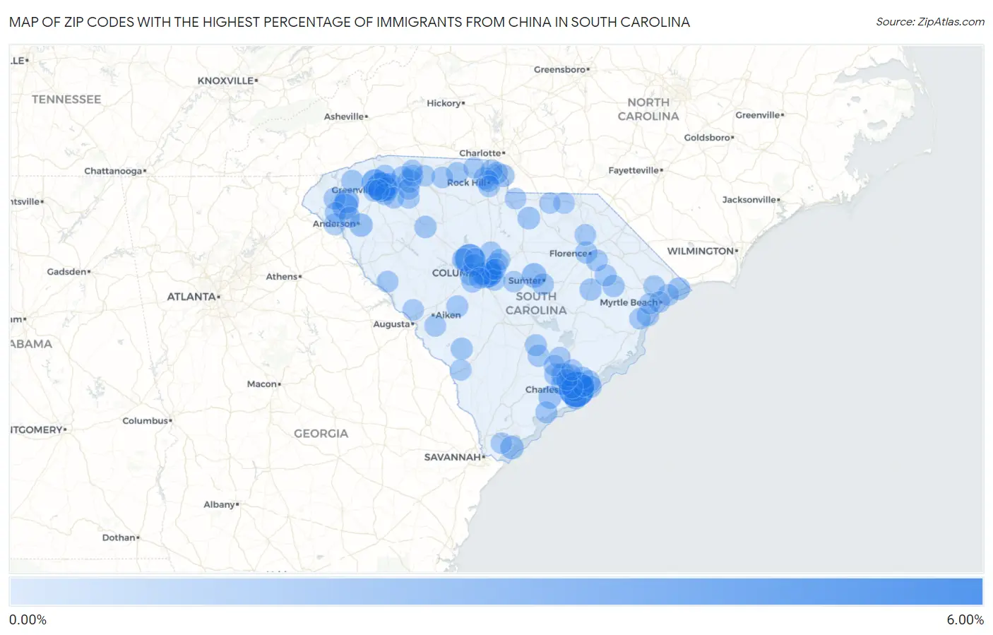 Zip Codes with the Highest Percentage of Immigrants from China in South Carolina Map