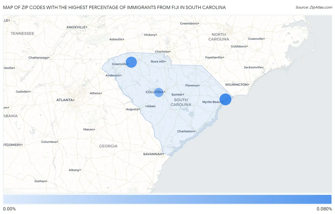 Zip Codes with the Highest Percentage of Immigrants from Fiji in South Carolina Map