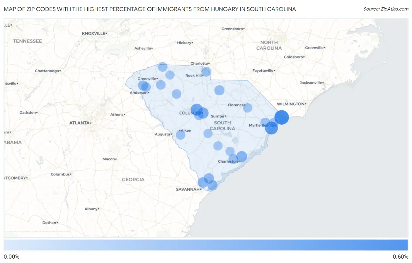 Zip Codes with the Highest Percentage of Immigrants from Hungary in South Carolina Map