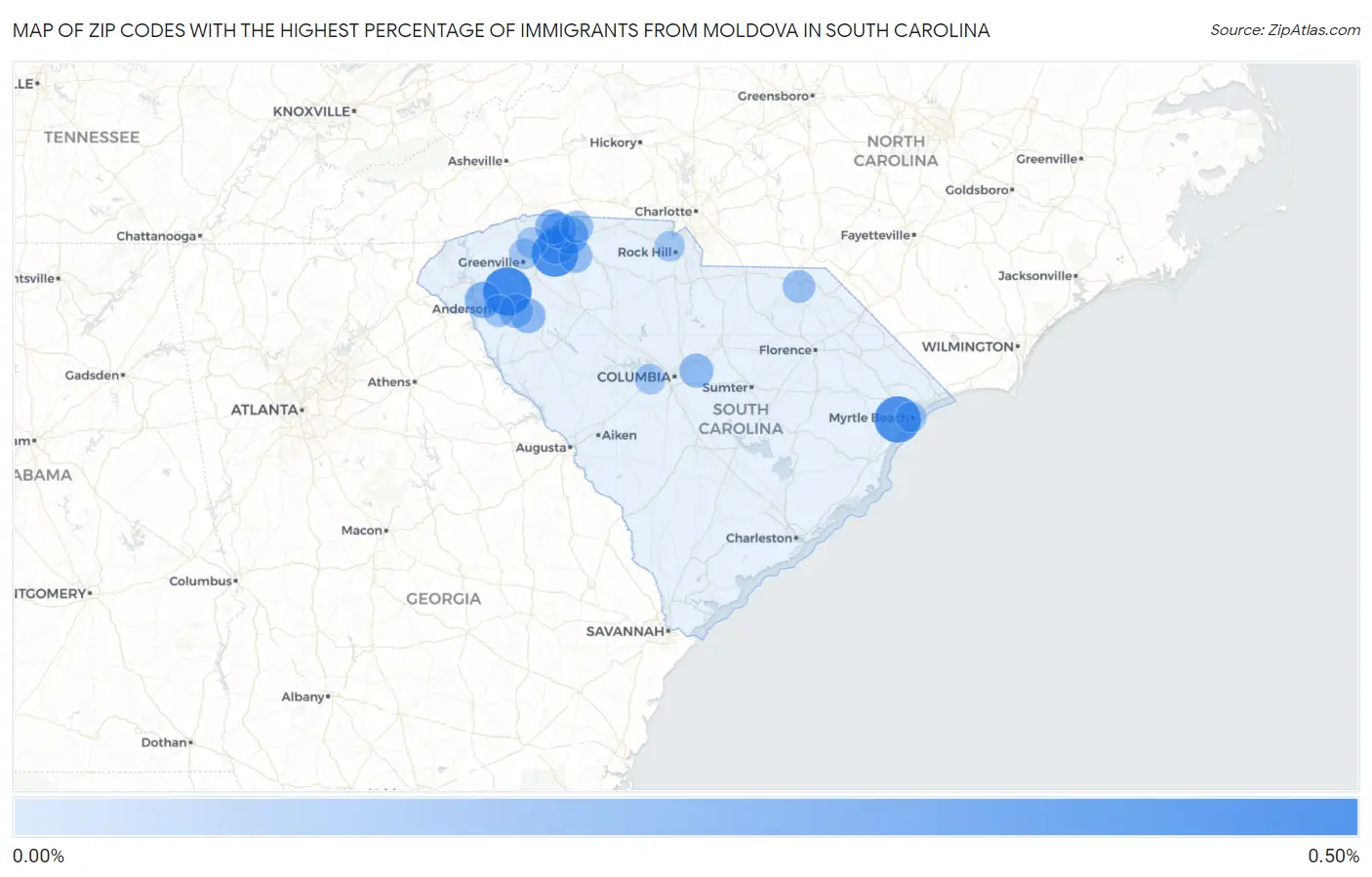 Zip Codes with the Highest Percentage of Immigrants from Moldova in South Carolina Map