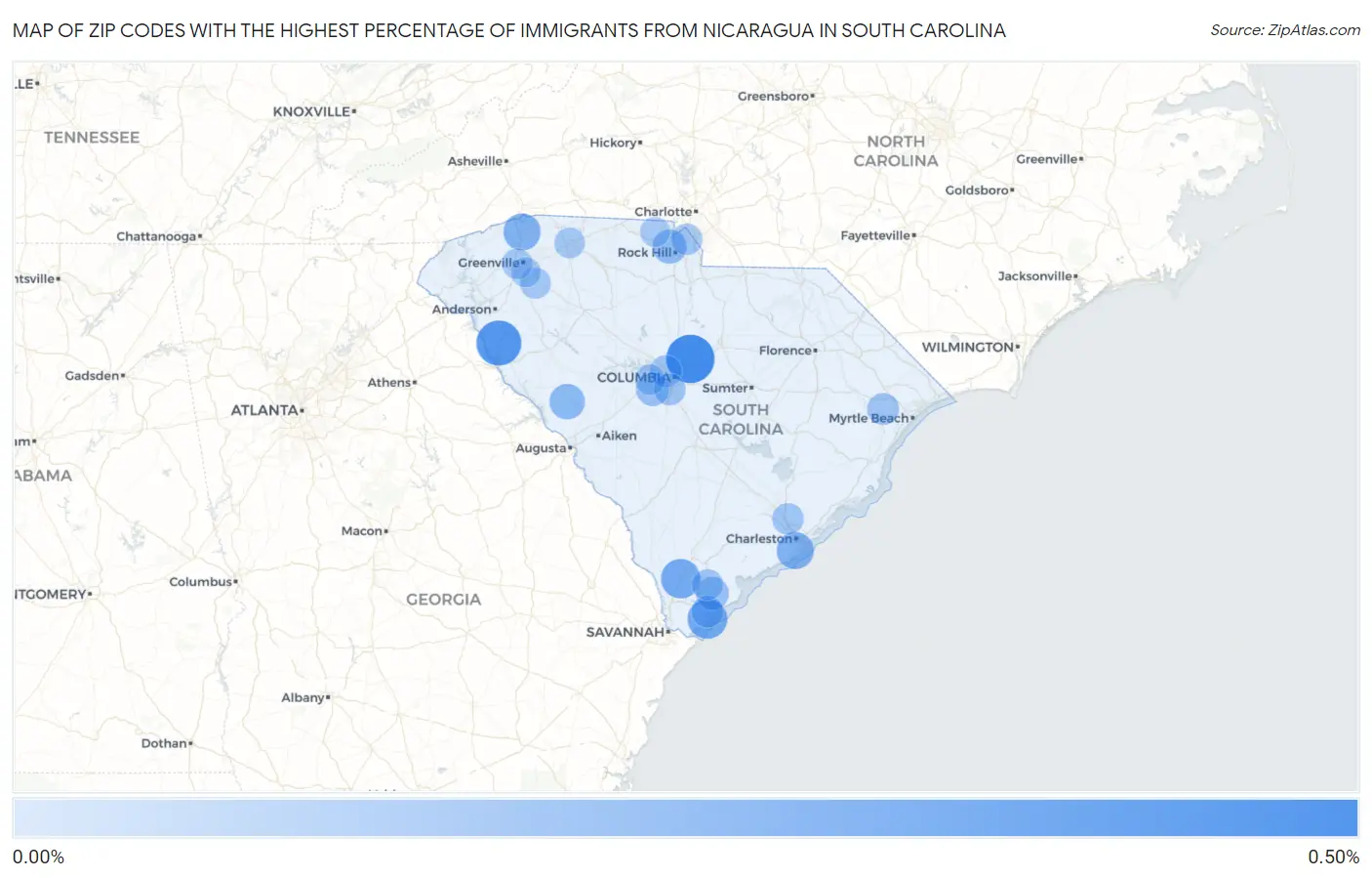 Zip Codes with the Highest Percentage of Immigrants from Nicaragua in South Carolina Map