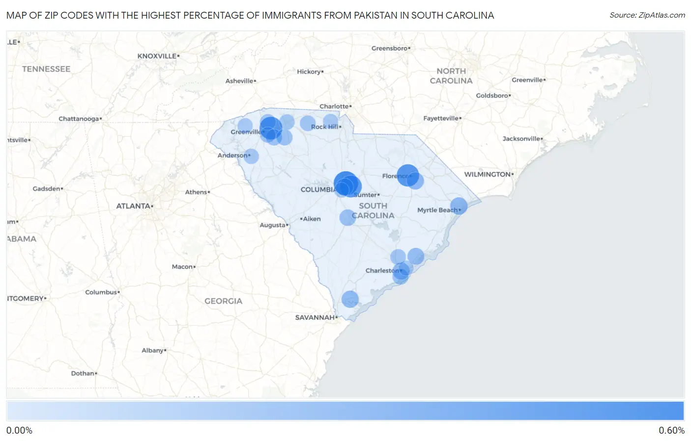 Zip Codes with the Highest Percentage of Immigrants from Pakistan in South Carolina Map