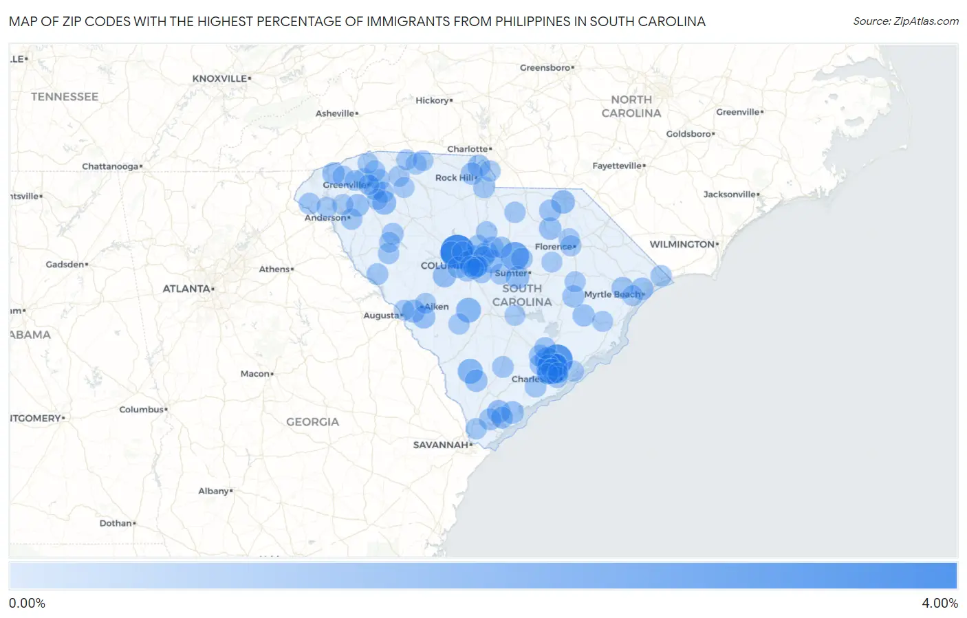 Zip Codes with the Highest Percentage of Immigrants from Philippines in South Carolina Map