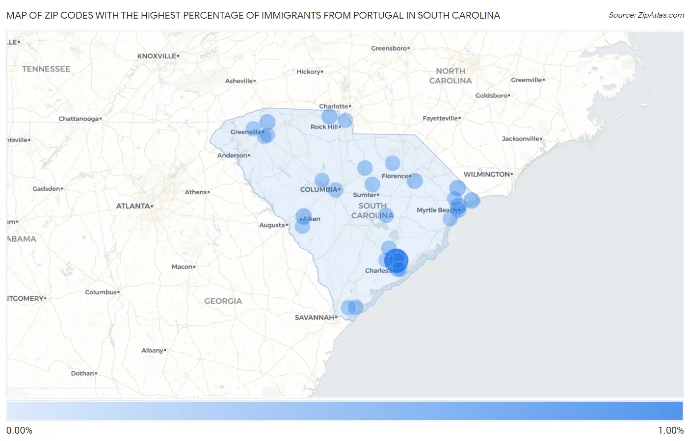 Zip Codes with the Highest Percentage of Immigrants from Portugal in South Carolina Map