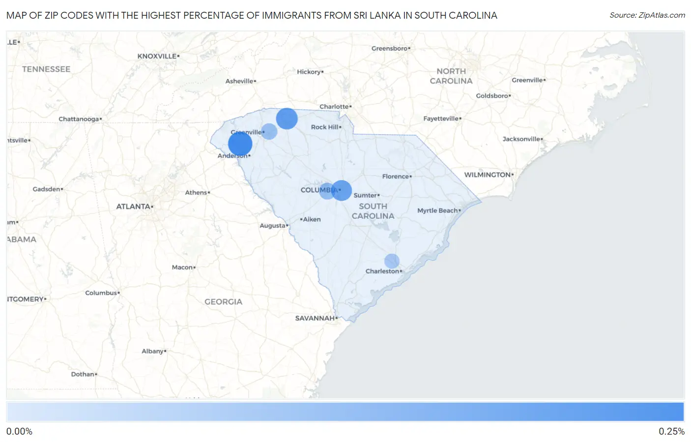 Zip Codes with the Highest Percentage of Immigrants from Sri Lanka in South Carolina Map