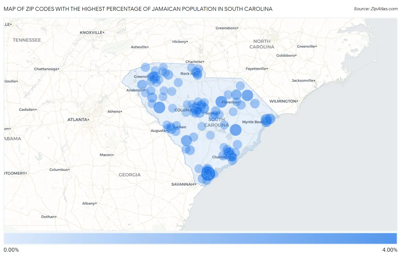 Zip Codes with the Highest Percentage of Jamaican Population in South Carolina Map