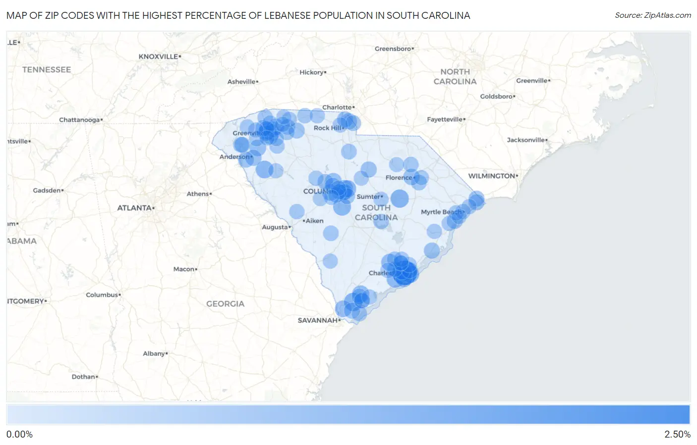 Zip Codes with the Highest Percentage of Lebanese Population in South Carolina Map