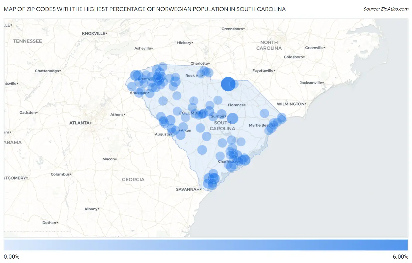 Zip Codes with the Highest Percentage of Norwegian Population in South Carolina Map