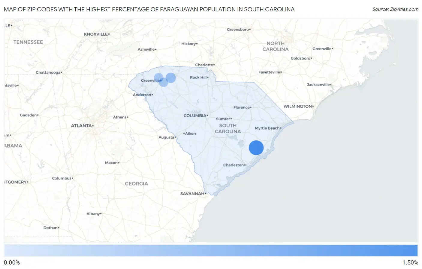 Zip Codes with the Highest Percentage of Paraguayan Population in South Carolina Map