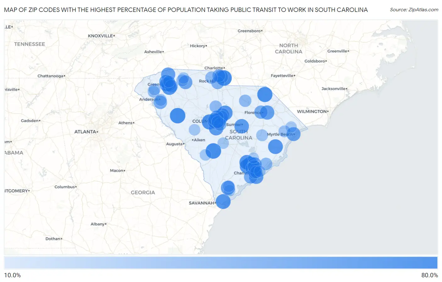 Zip Codes with the Highest Percentage of Population Taking Public Transit to Work in South Carolina Map