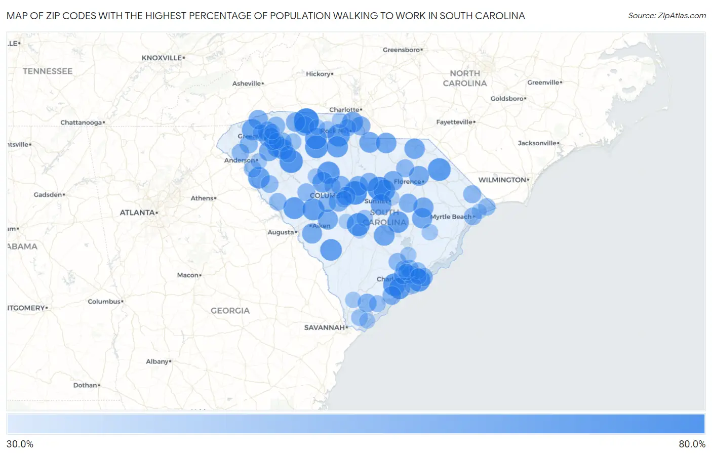 Zip Codes with the Highest Percentage of Population Walking to Work in South Carolina Map
