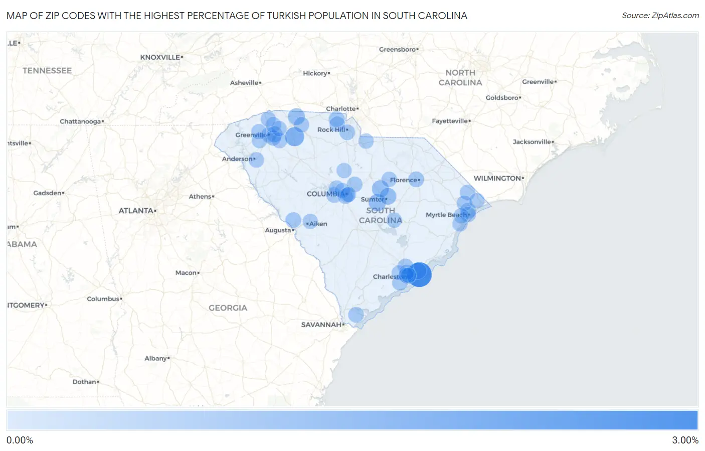 Zip Codes with the Highest Percentage of Turkish Population in South Carolina Map
