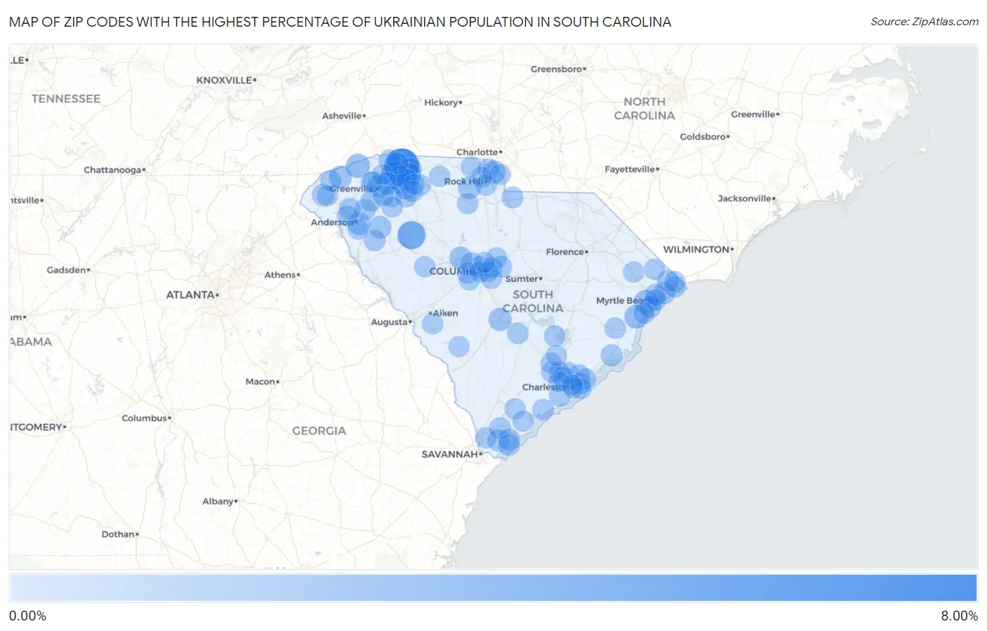 Zip Codes with the Highest Percentage of Ukrainian Population in South Carolina Map