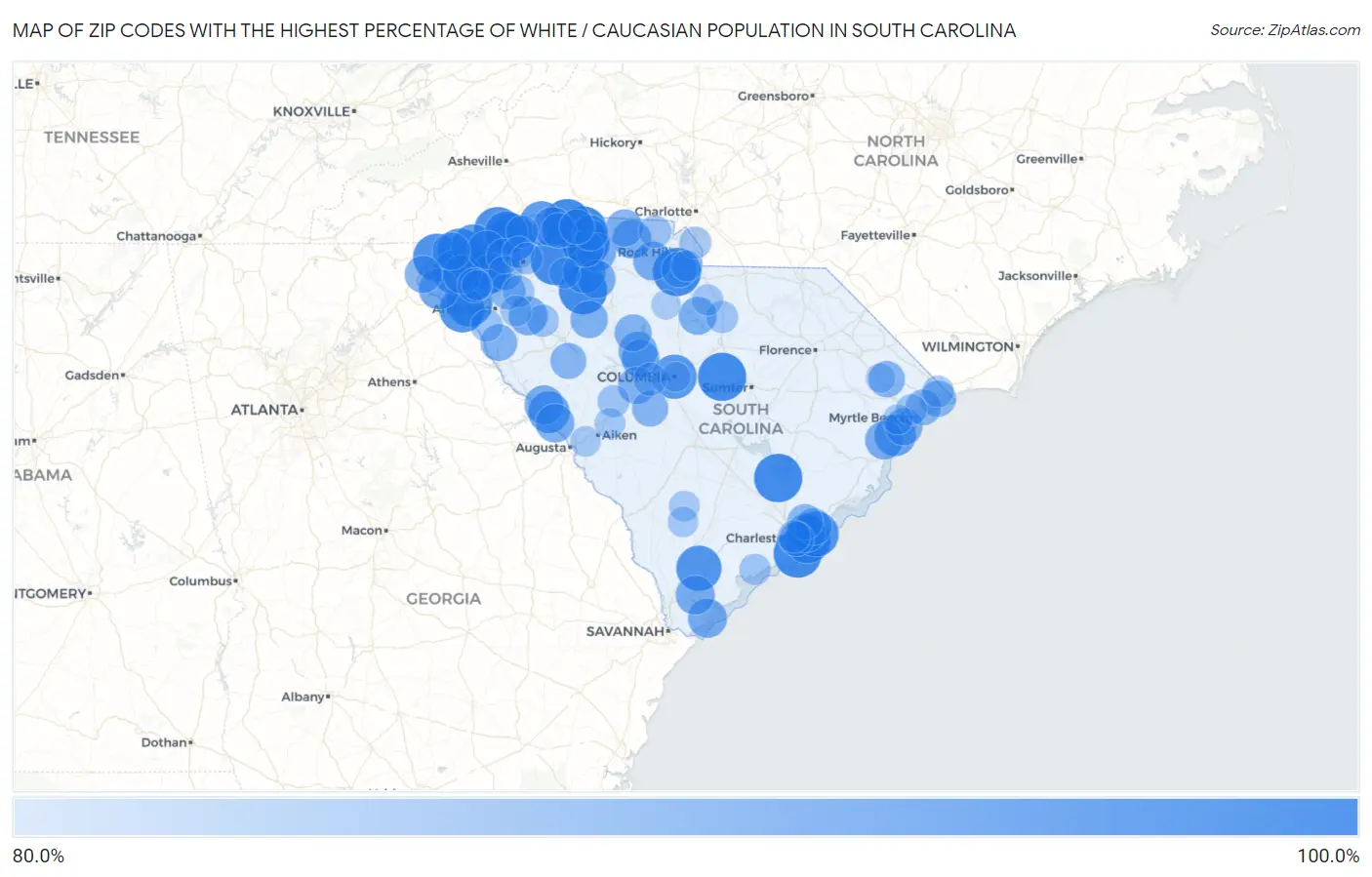 Zip Codes with the Highest Percentage of White / Caucasian Population in South Carolina Map