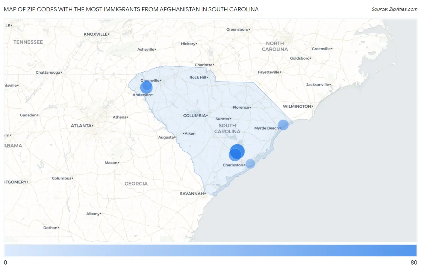 Zip Codes with the Most Immigrants from Afghanistan in South Carolina Map