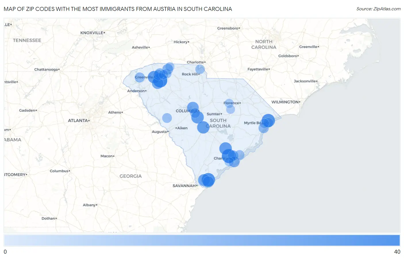 Zip Codes with the Most Immigrants from Austria in South Carolina Map
