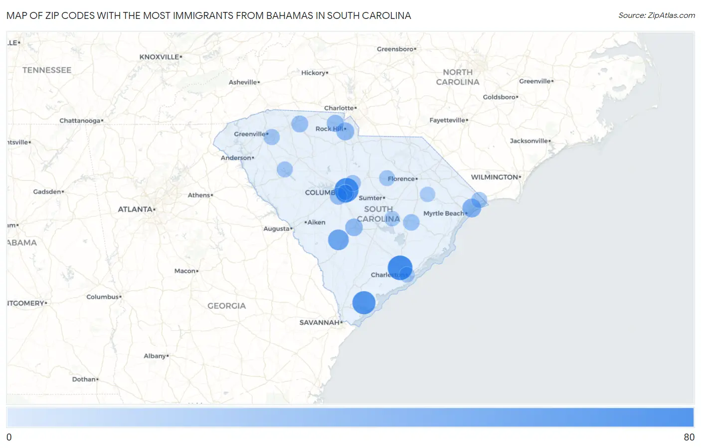 Zip Codes with the Most Immigrants from Bahamas in South Carolina Map