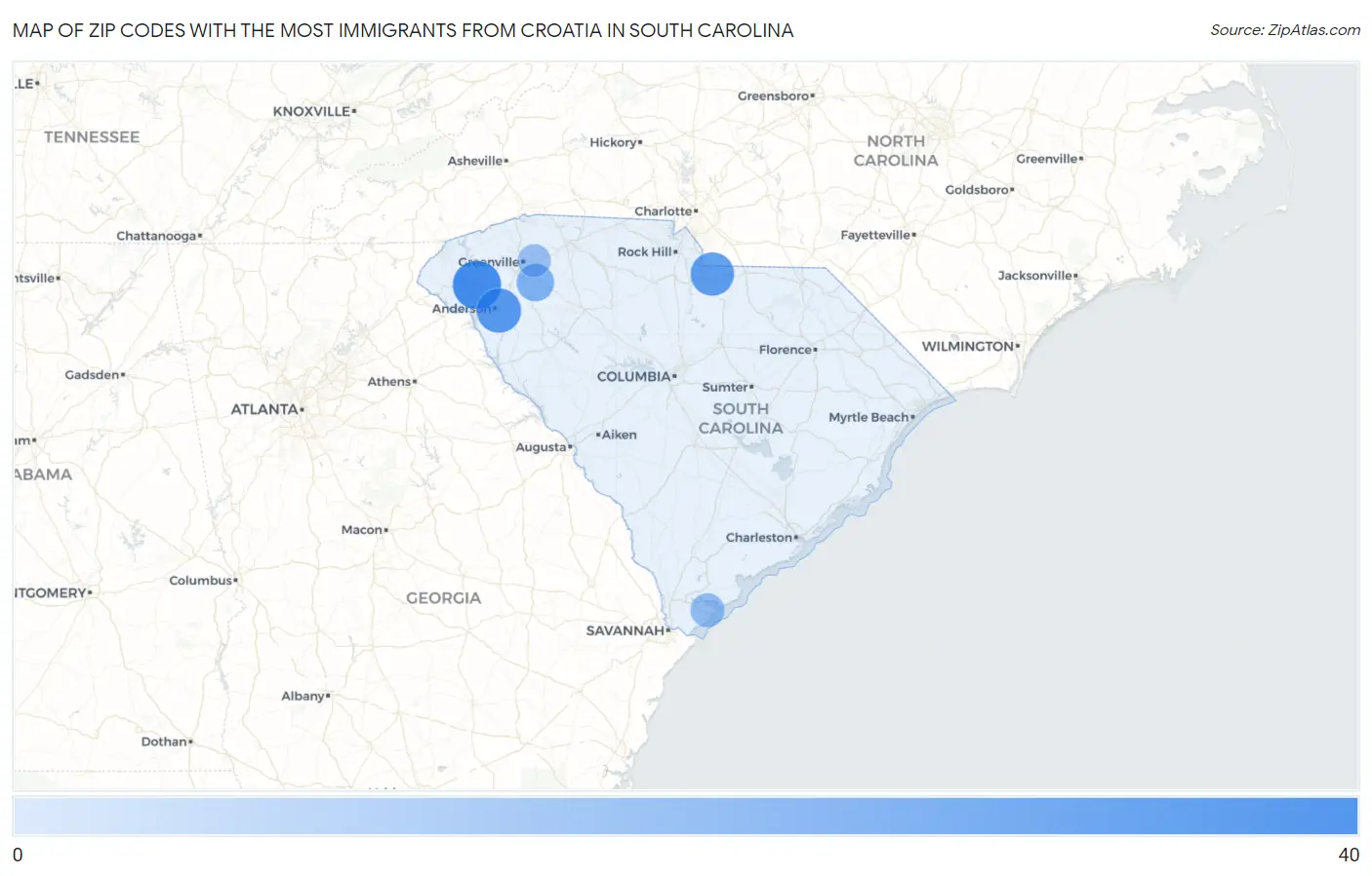 Zip Codes with the Most Immigrants from Croatia in South Carolina Map