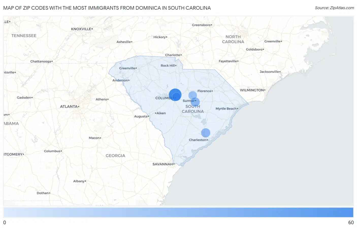 Zip Codes with the Most Immigrants from Dominica in South Carolina Map