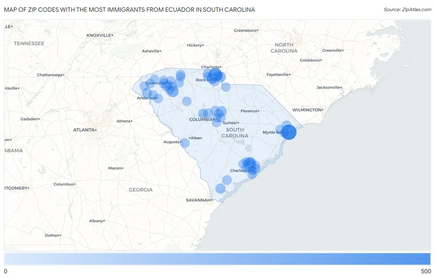 Zip Codes with the Most Immigrants from Ecuador in South Carolina Map