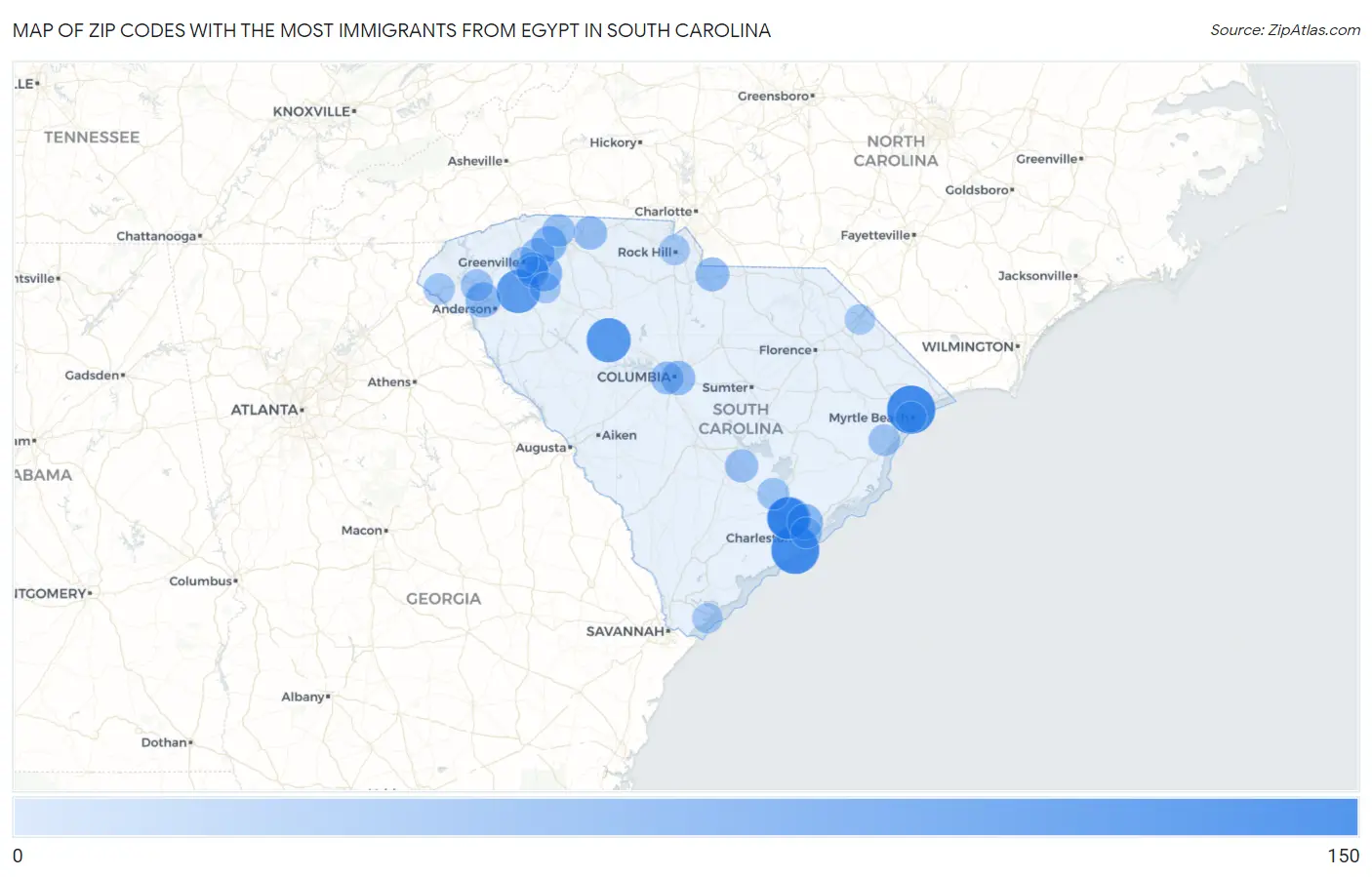Zip Codes with the Most Immigrants from Egypt in South Carolina Map