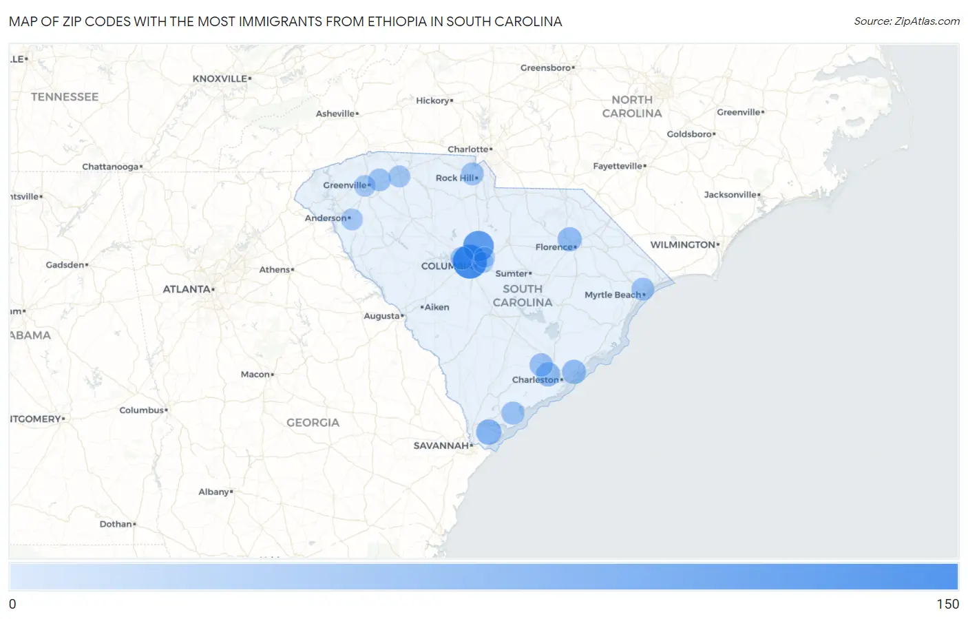 Zip Codes with the Most Immigrants from Ethiopia in South Carolina Map