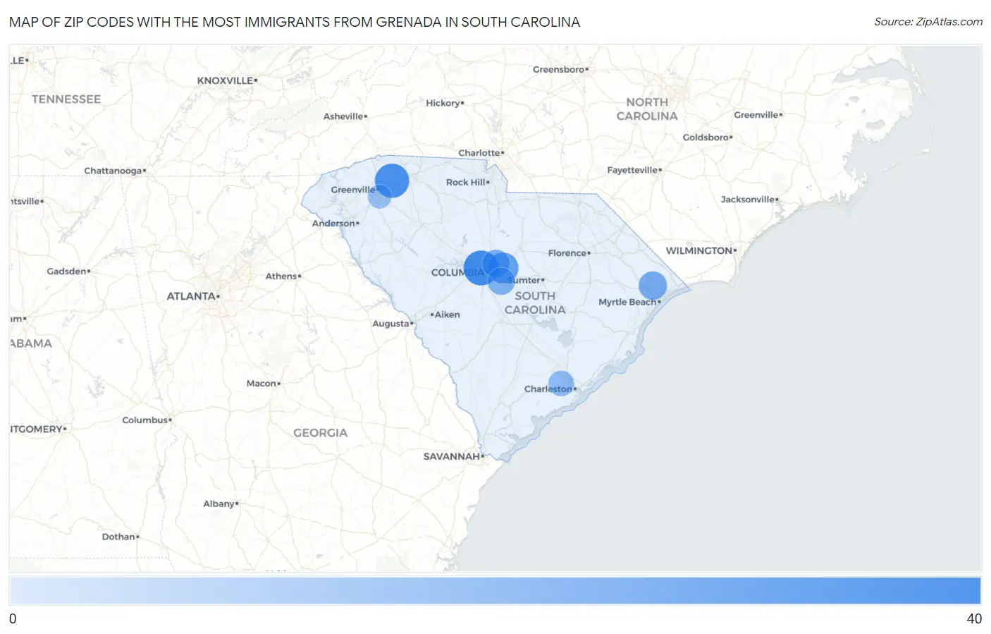 Zip Codes with the Most Immigrants from Grenada in South Carolina Map