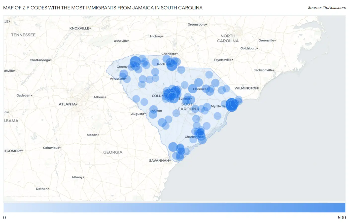 Zip Codes with the Most Immigrants from Jamaica in South Carolina Map