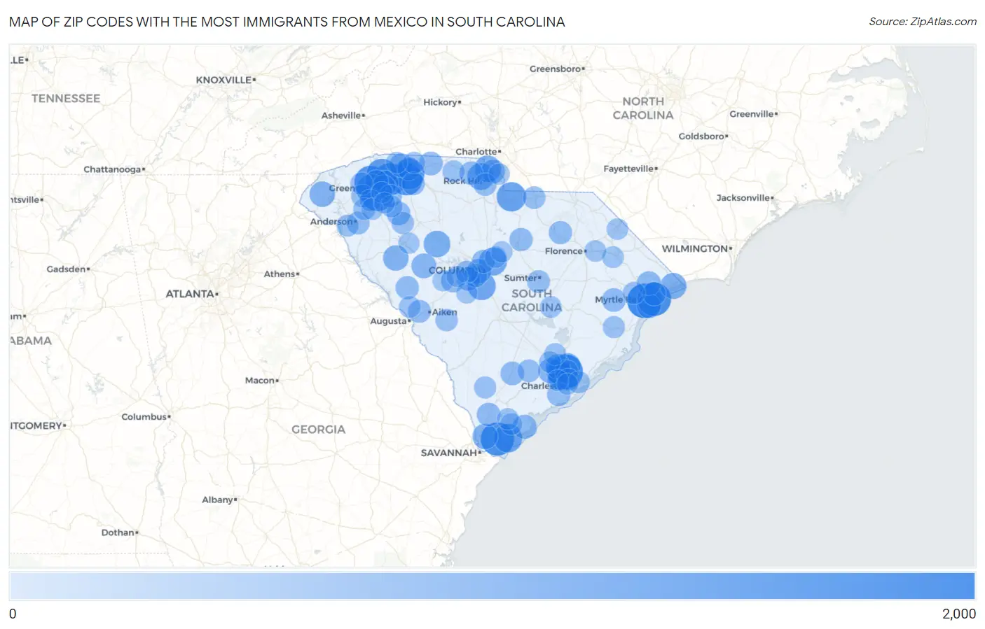 Zip Codes with the Most Immigrants from Mexico in South Carolina Map