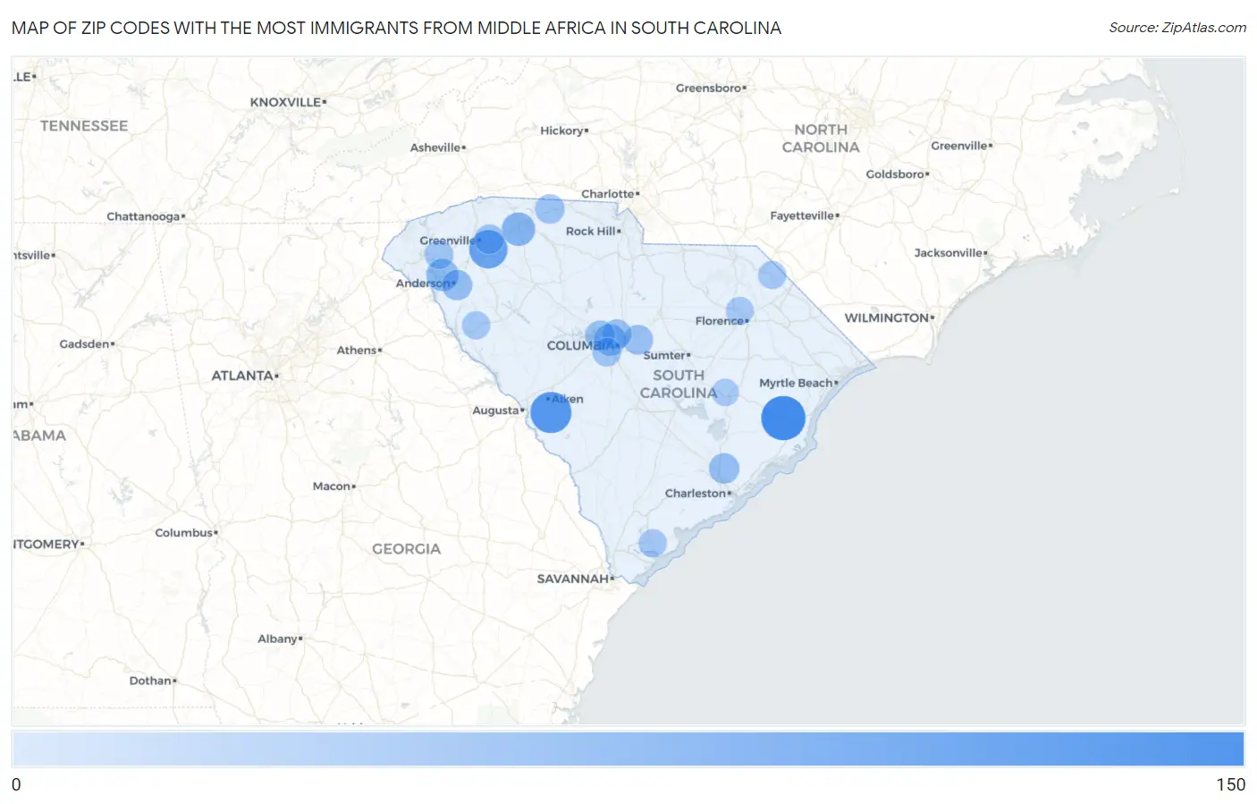 Zip Codes with the Most Immigrants from Middle Africa in South Carolina Map