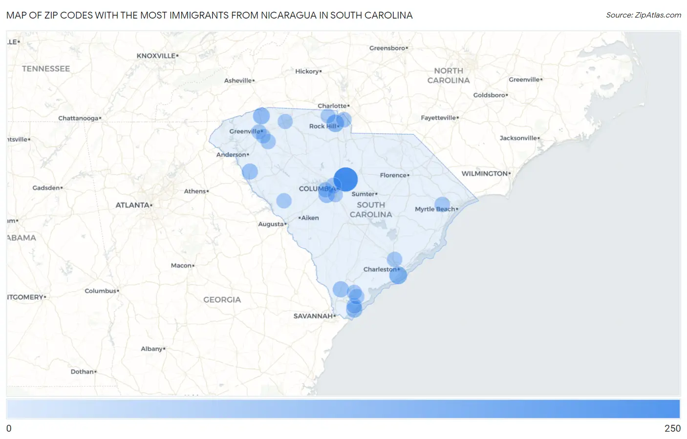 Zip Codes with the Most Immigrants from Nicaragua in South Carolina Map