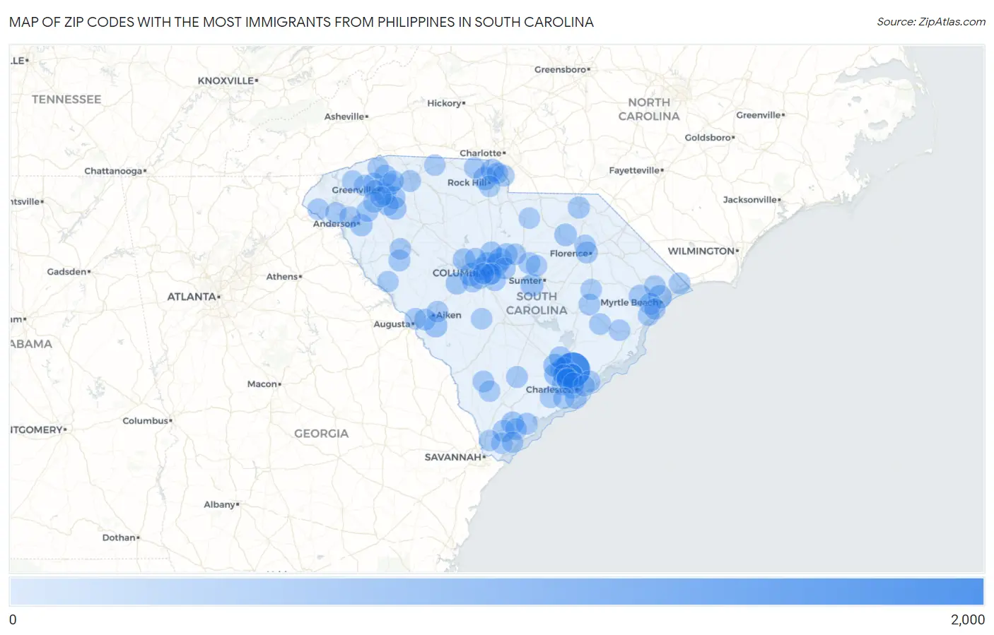 Zip Codes with the Most Immigrants from Philippines in South Carolina Map