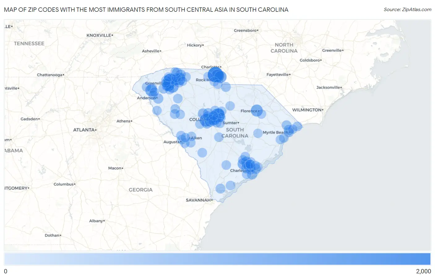 Zip Codes with the Most Immigrants from South Central Asia in South Carolina Map