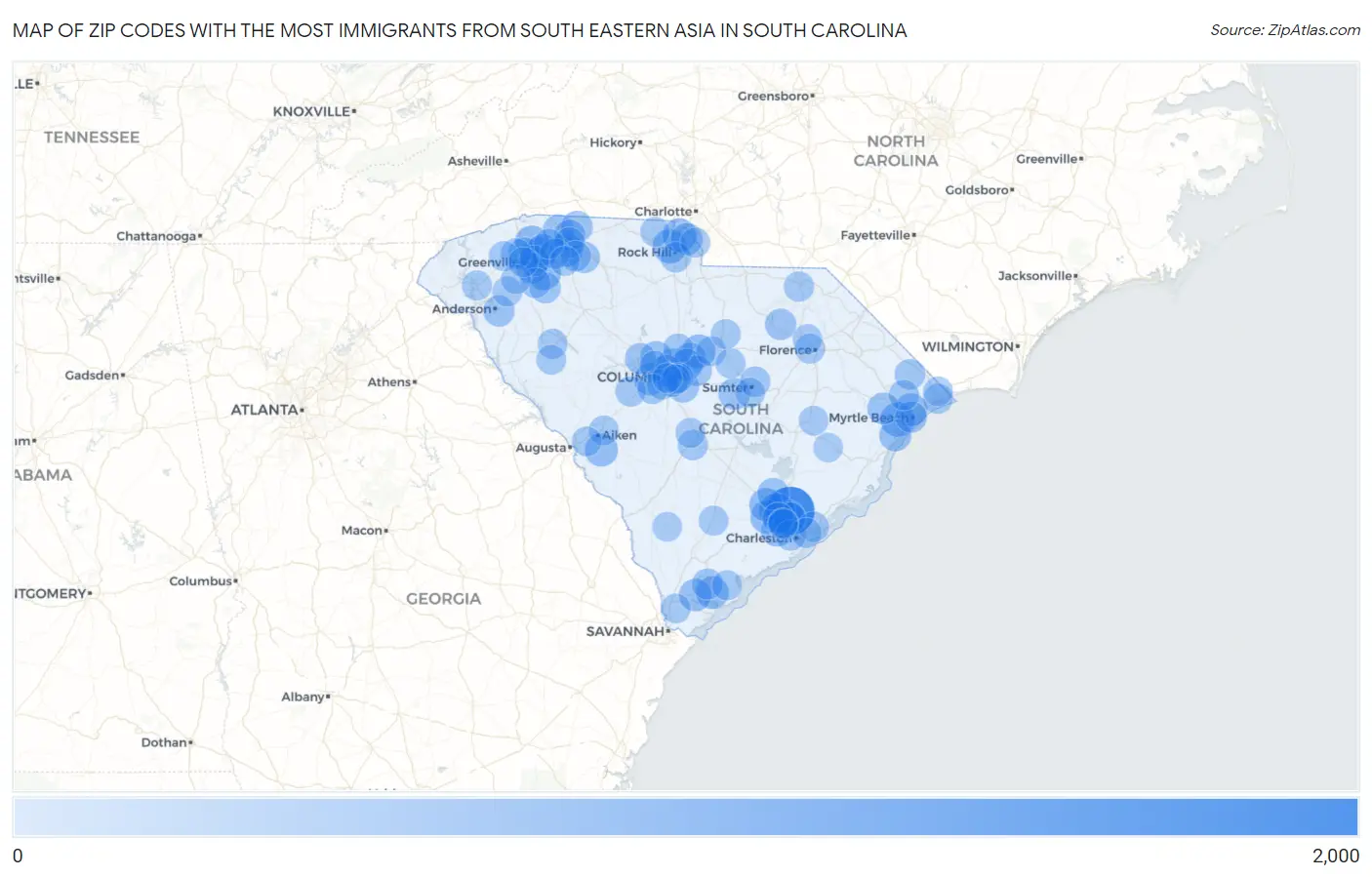Zip Codes with the Most Immigrants from South Eastern Asia in South Carolina Map